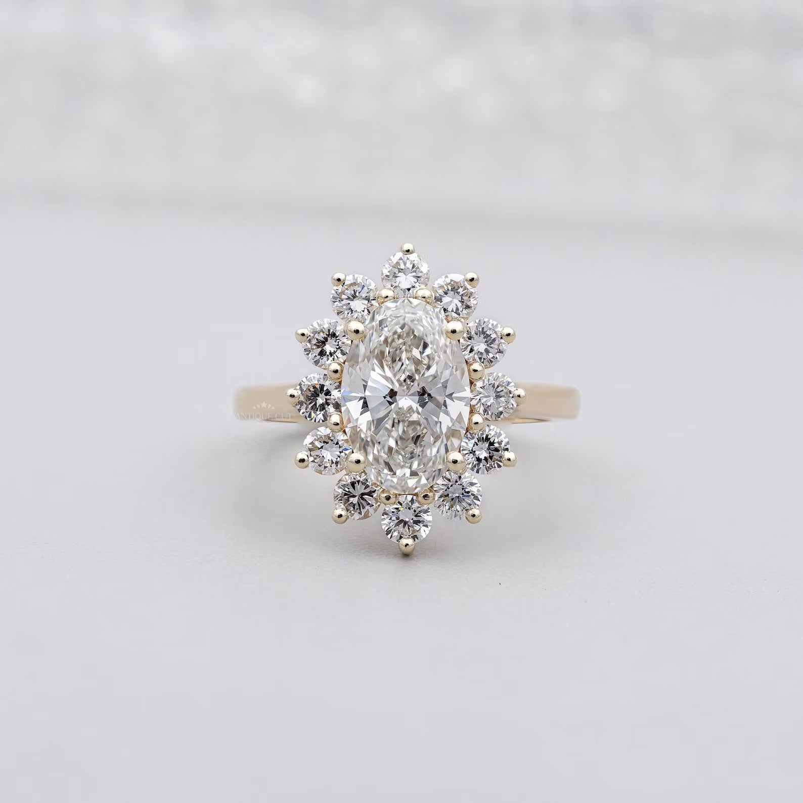 Oval Cluster Halo Engagement Ring With diamond vintage floral In Yellow Gold, IGI Certified - Lab Grown Diamond