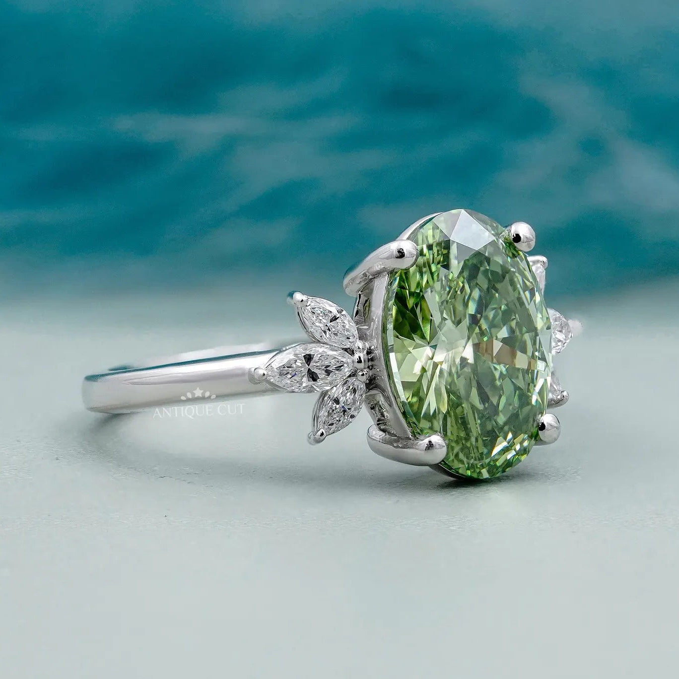 Oval Green Diamond Ring With Side Stone | White Gold |Lab Created Diamond