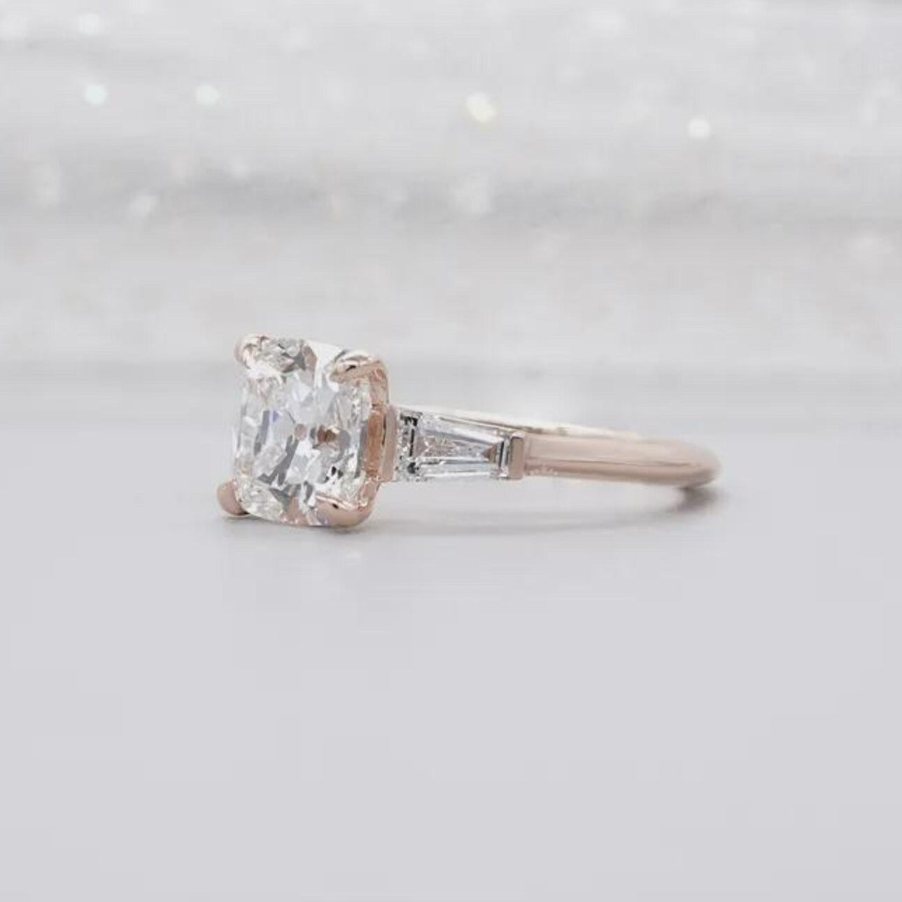 Old Mine Cushion Cut Engagement Ring With Three Stones | Yellow & Rose Gold  | IGI Certified