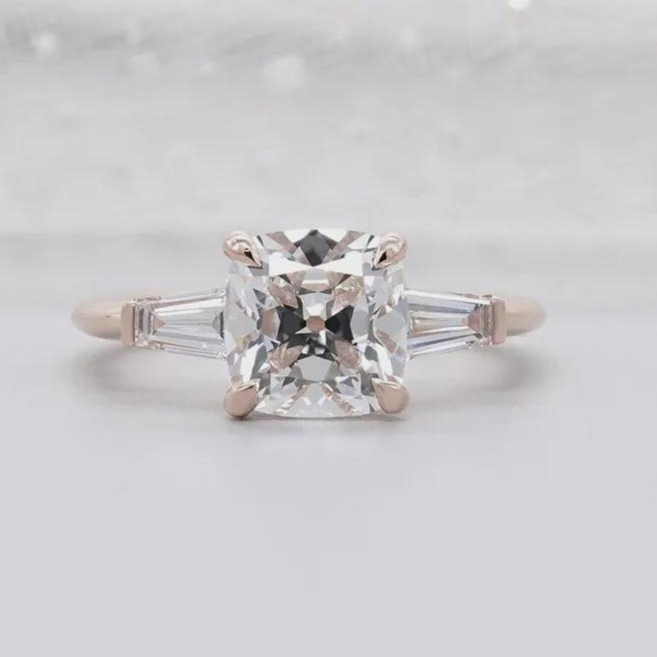 Old Mine Cushion Cut Engagement Ring With Three Stones | Yellow & Rose Gold  | IGI Certified