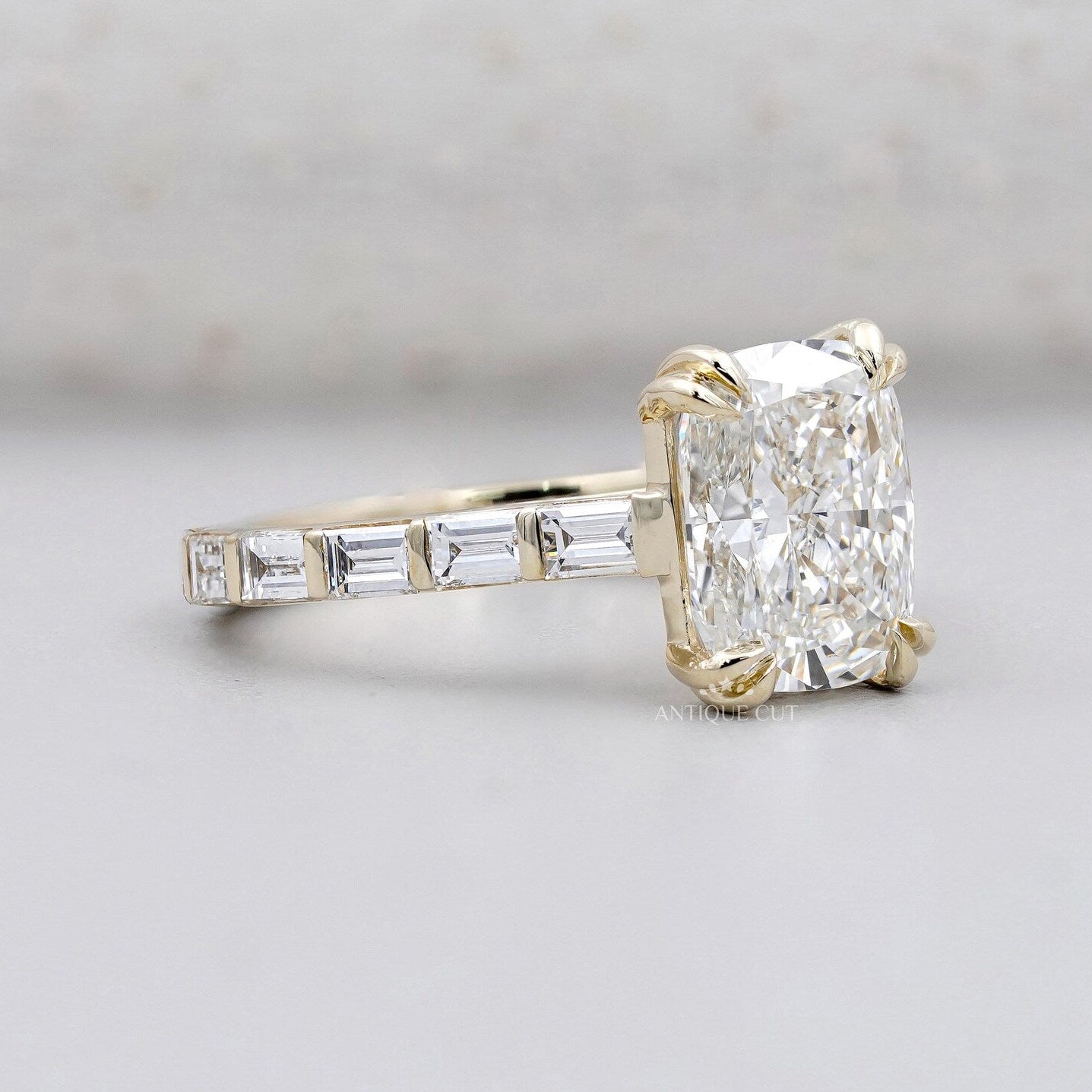 Cushion Cut Engagement Ring with Pave Diamond Band in Yellow Gold