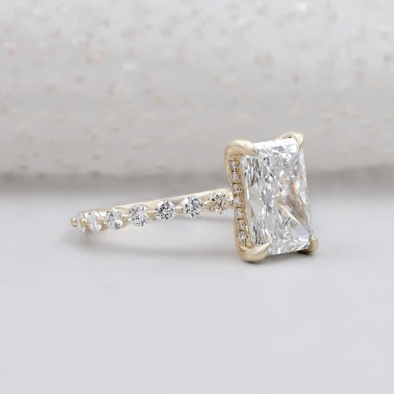 Radiant Cut Engagement Ring | Diamond Hidden Halo Pave Band in Yellow Gold