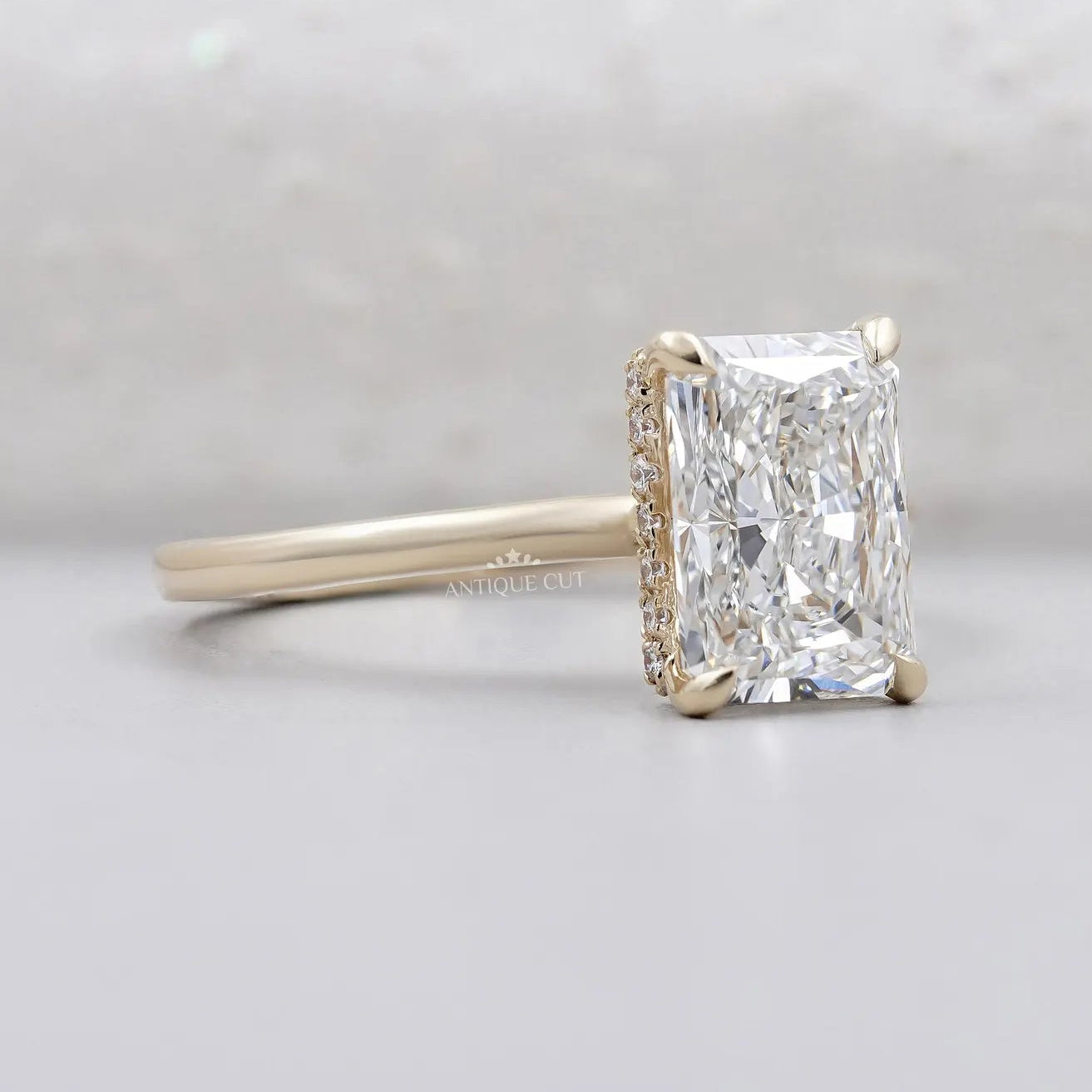 Radiant Cut Diamond Ring with Solitaire | Hidden Halo Yellow Gold Engagement Ring | IGI Certified