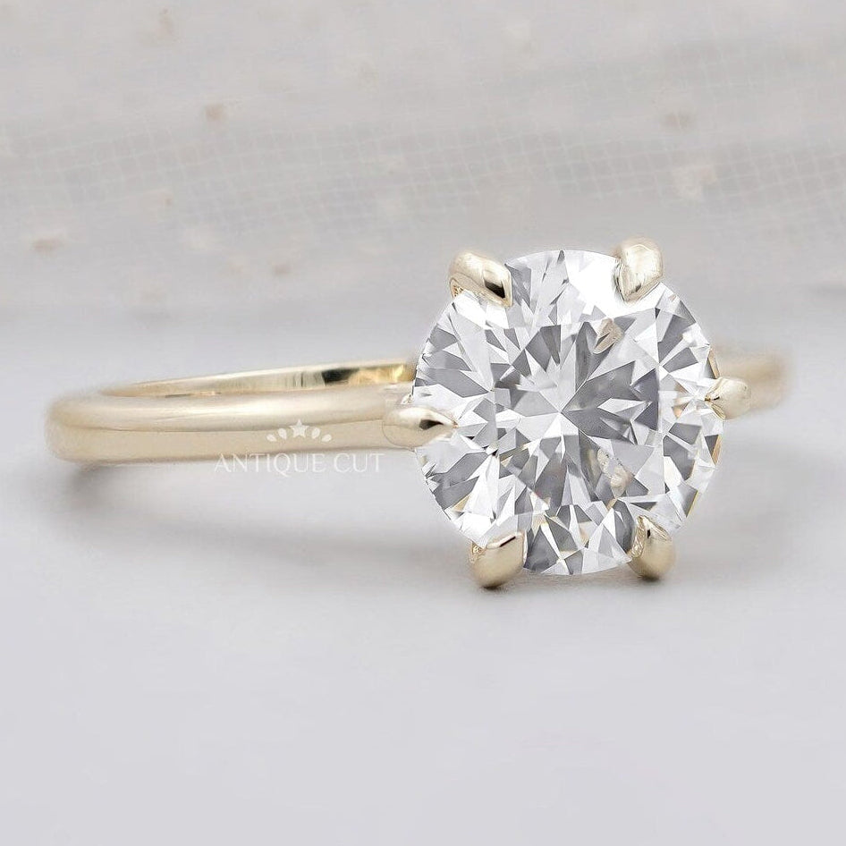 Six-prong round-cut diamond ring viewed from the front