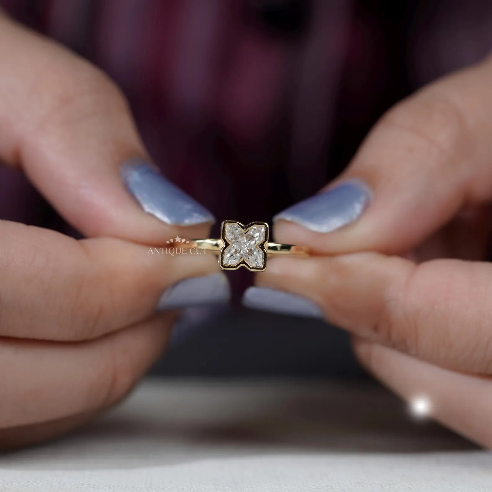 X Letter Diamond Ring with polished yellow gold band