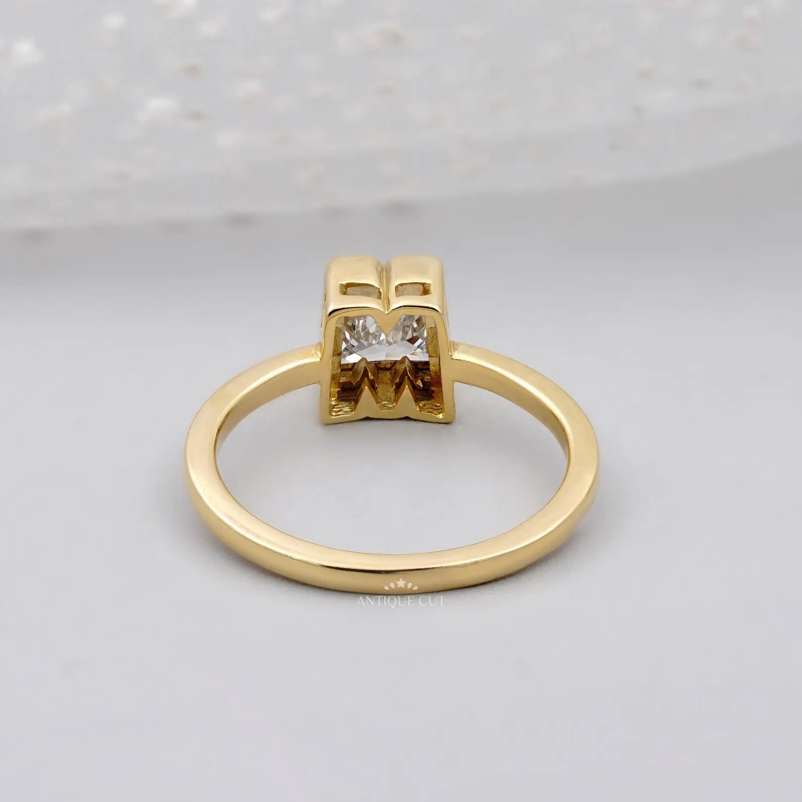 Yellow gold initial M ring with lab grown diamonds