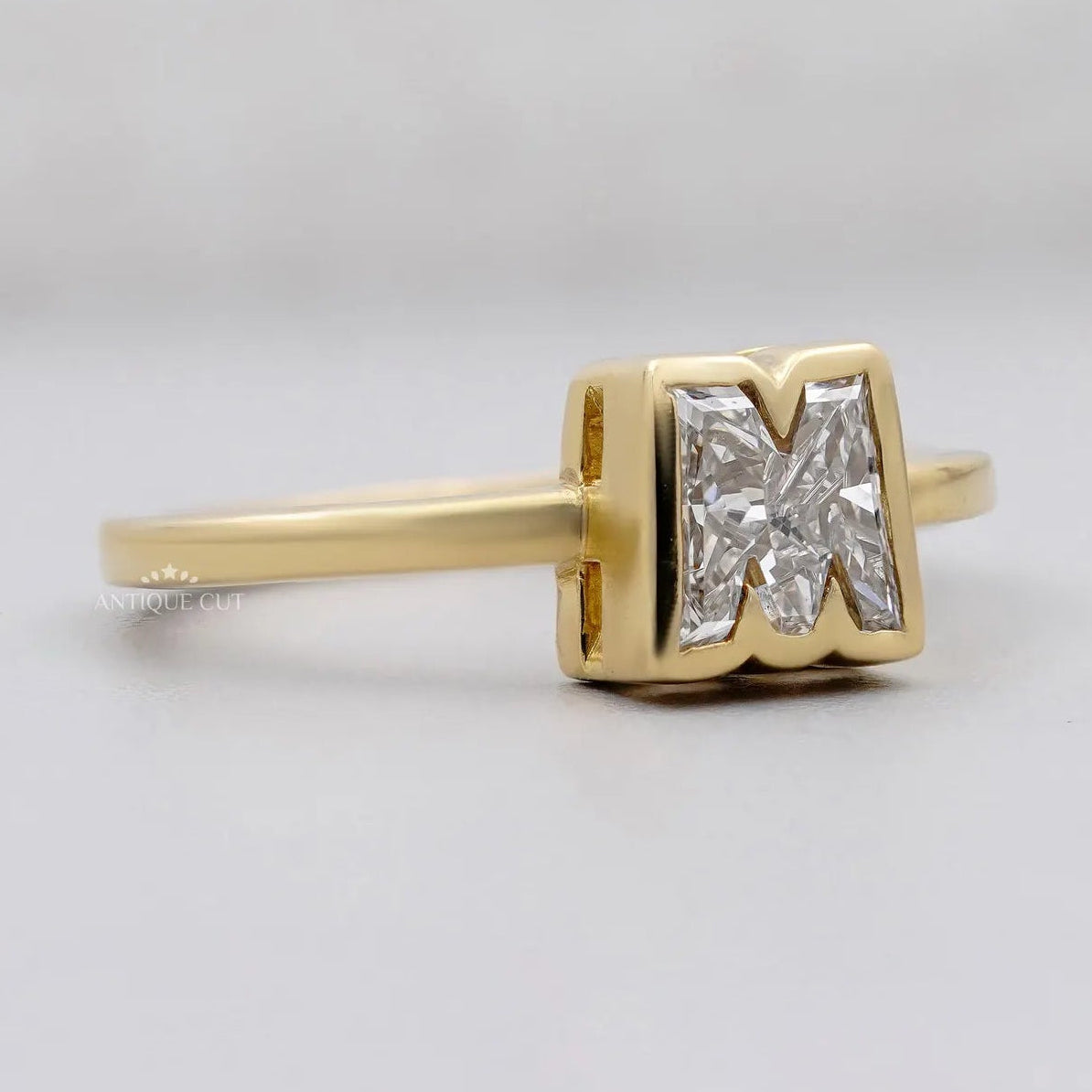 M Shape initial Lab Diamond Ring in Yellow Gold