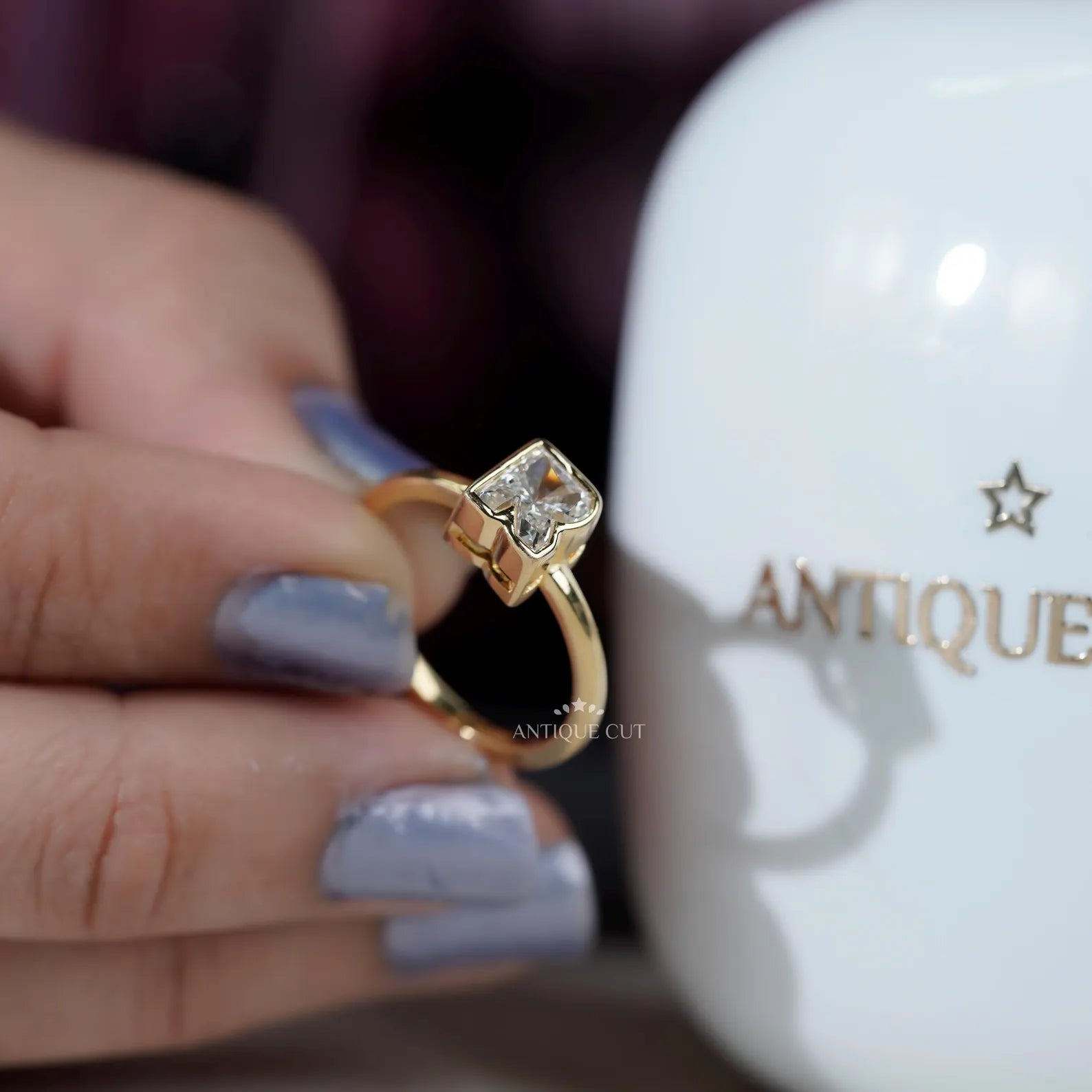 Antiquecut R initial ring with bezel set lab grown diamond