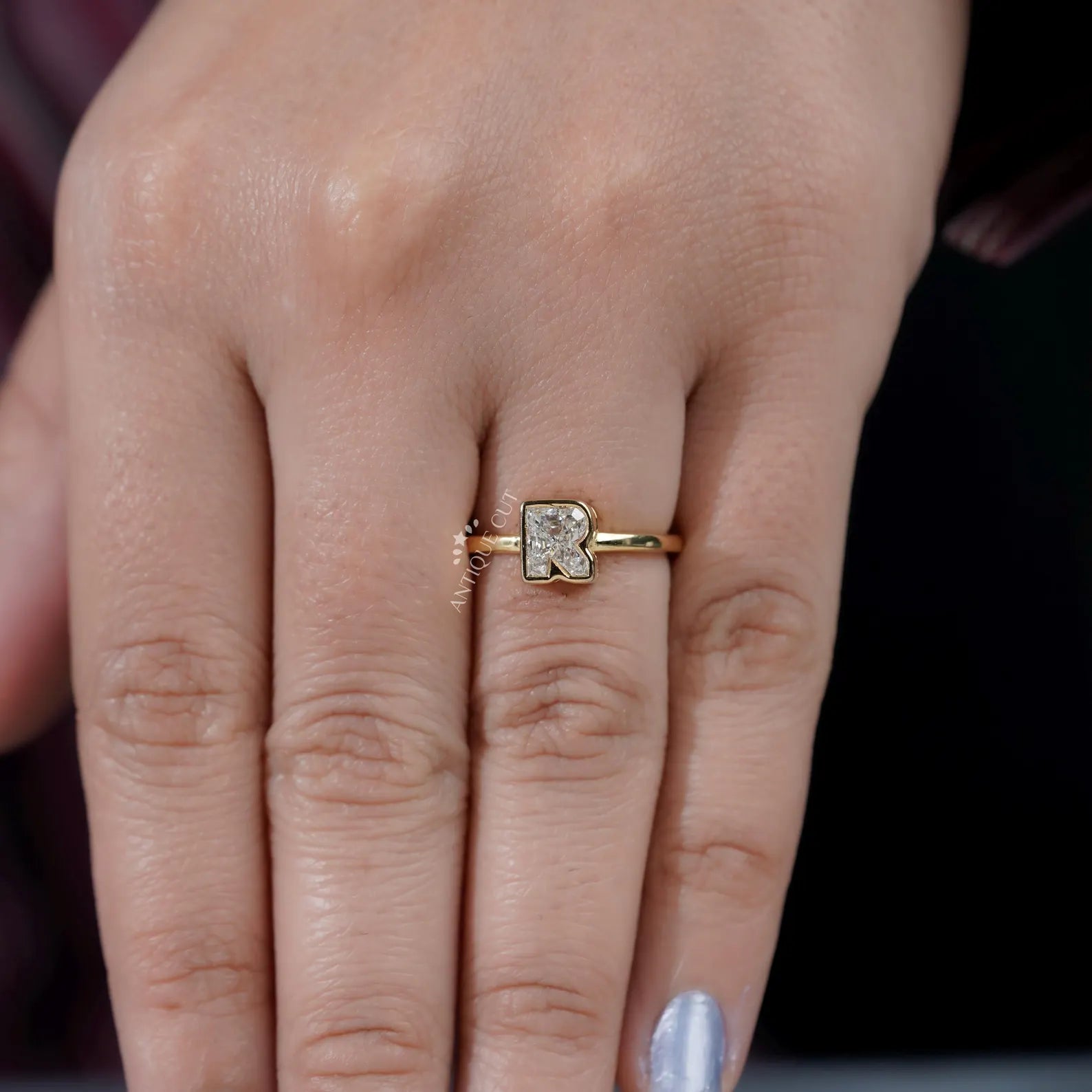 Lab grown diamond R letter ring with yellow gold bezel setting
