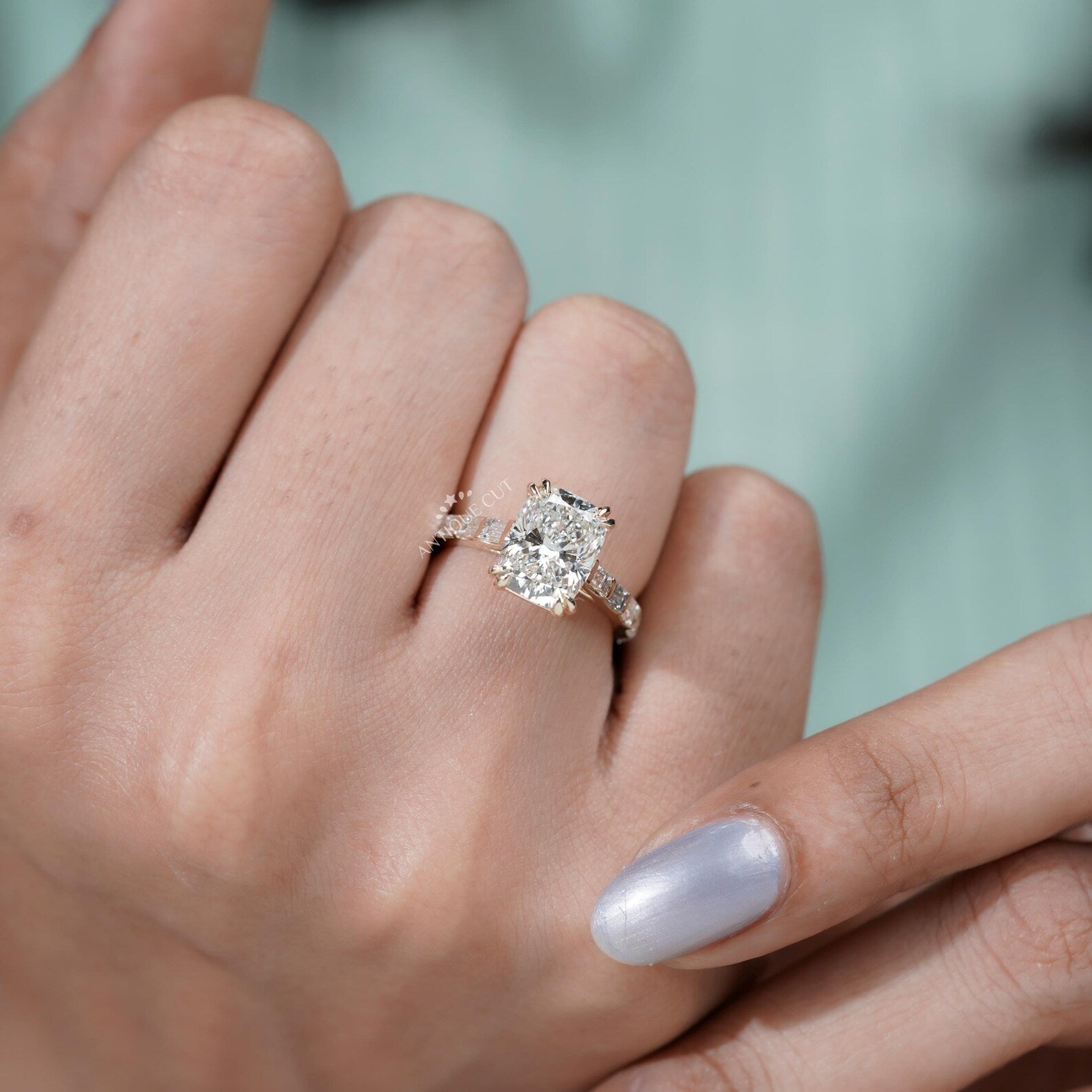 IGI certified lab grown cushion diamond engagement ring in yellow gold
