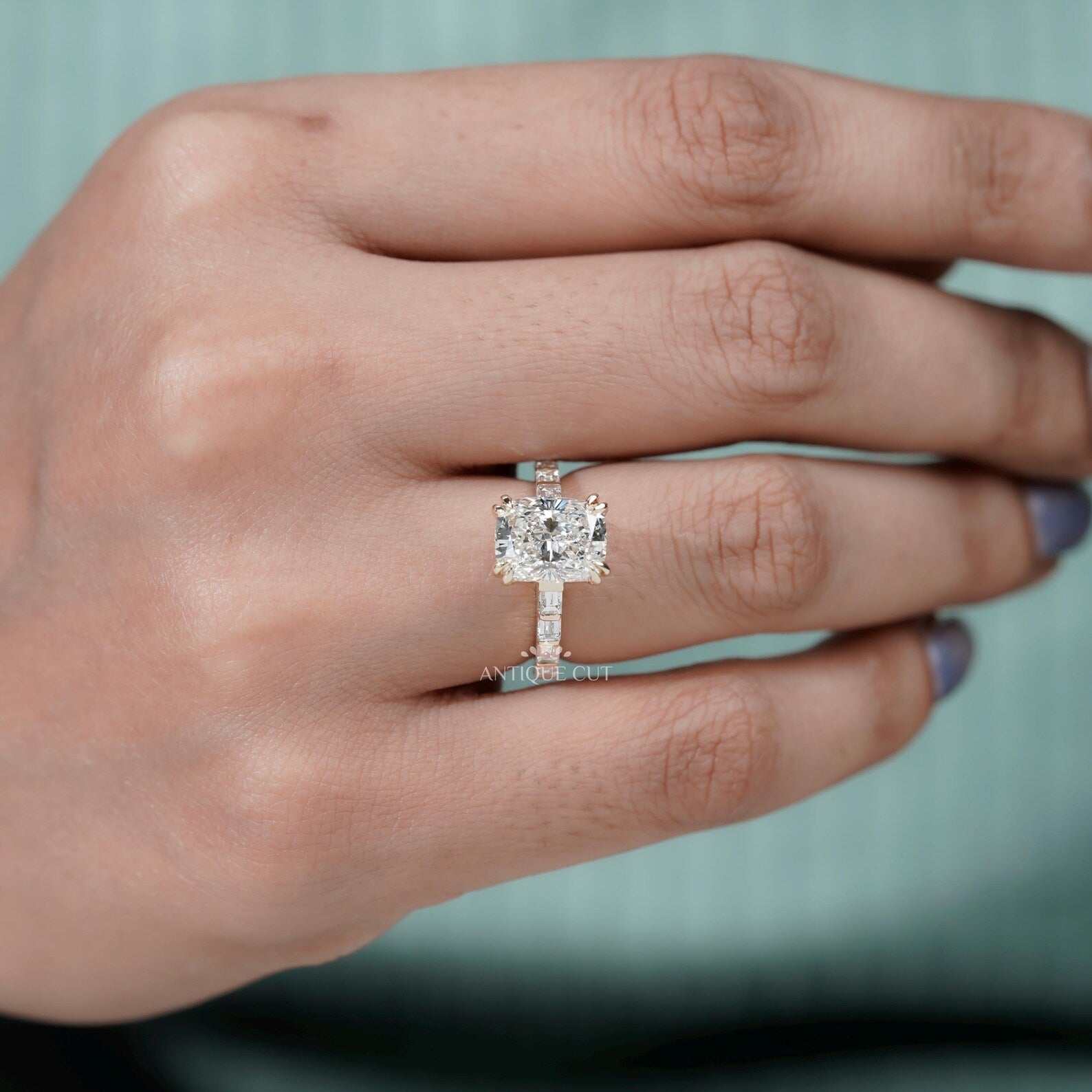 Antiquecut lab grown cushion cut diamond ring with double claw prong setting