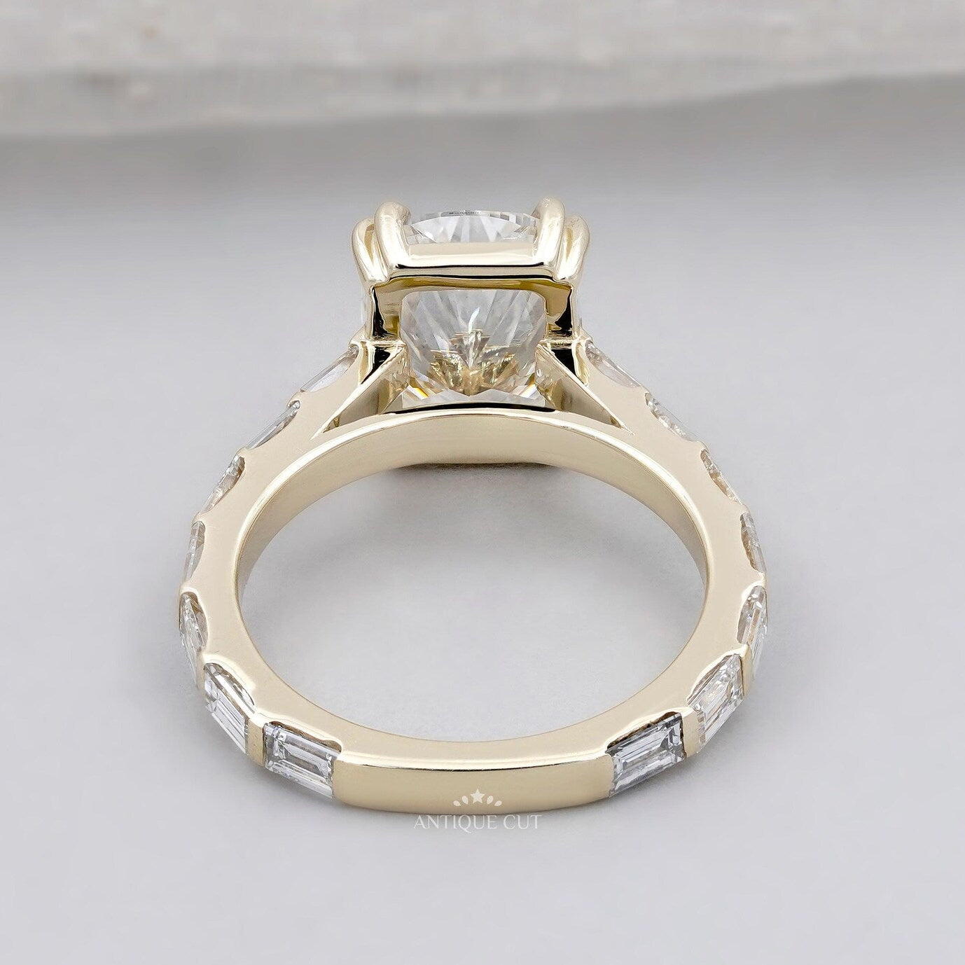 IGI certified cushion cut lab grown diamond ring with pavé yellow gold setting