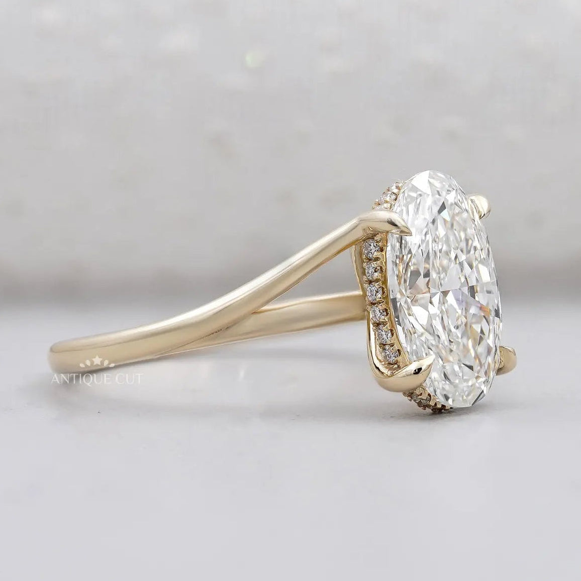 Oval Cut Diamond Ring with Split Shank | Hidden Halo in Yellow Gold