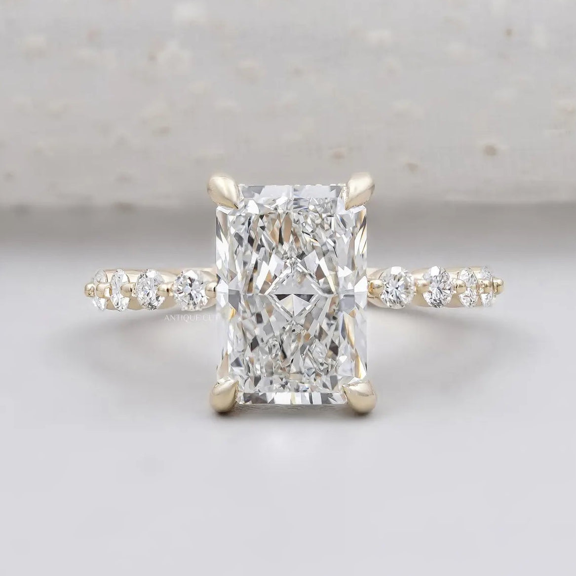 Radiant Cut Engagement Ring | Diamond Hidden Halo Pave Band in Yellow Gold