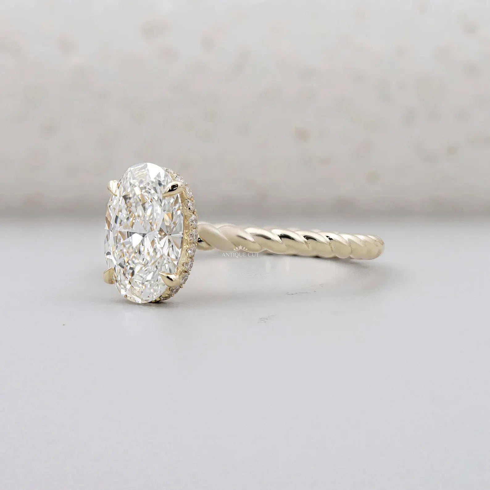 Hidden Halo Oval Cut Engagement Ring with Twisted Gold Band