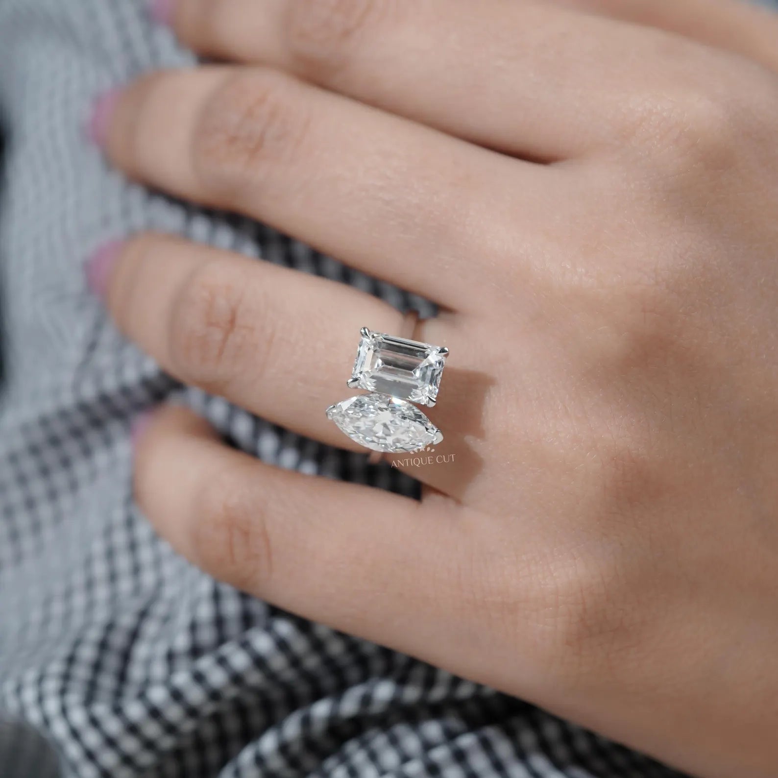 Emerald and Marquise Two stone Engagement Ring