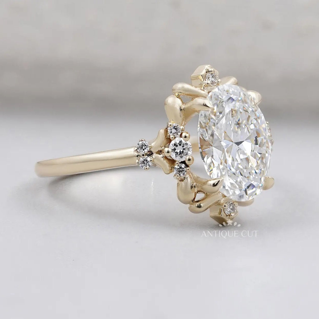 Floral Halo Engagement Ring | Oval Lab Grown Diamond in Yellow Gold Vintage Style