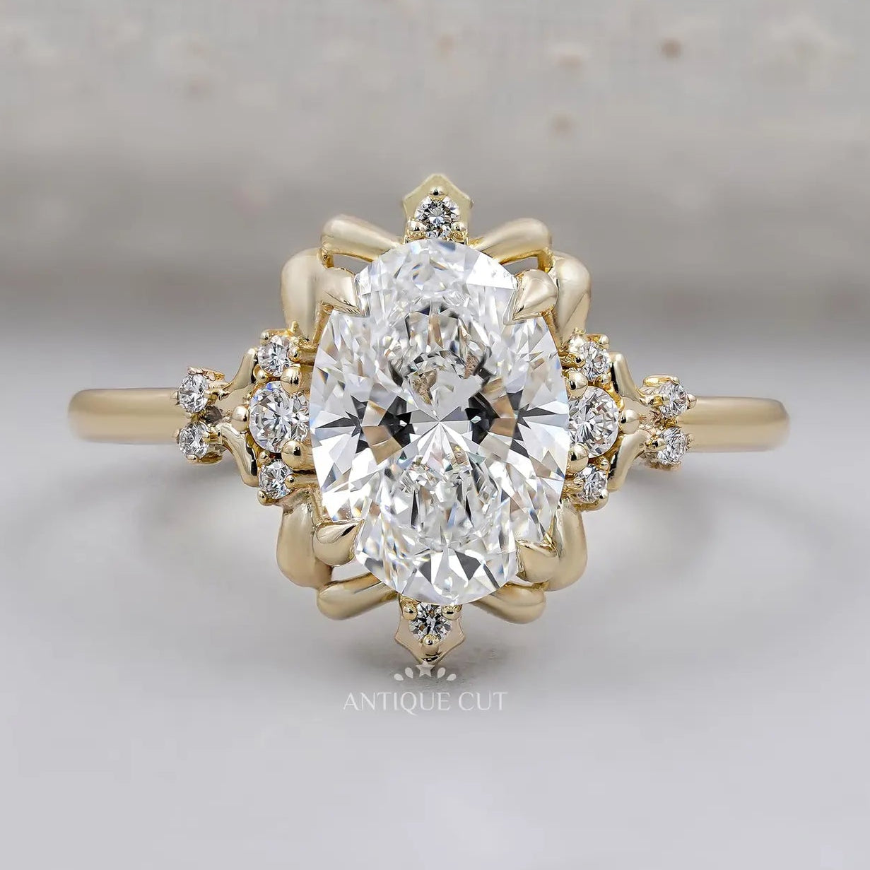 Floral Halo Engagement Ring | Oval Lab Grown Diamond in Yellow Gold Vintage Style