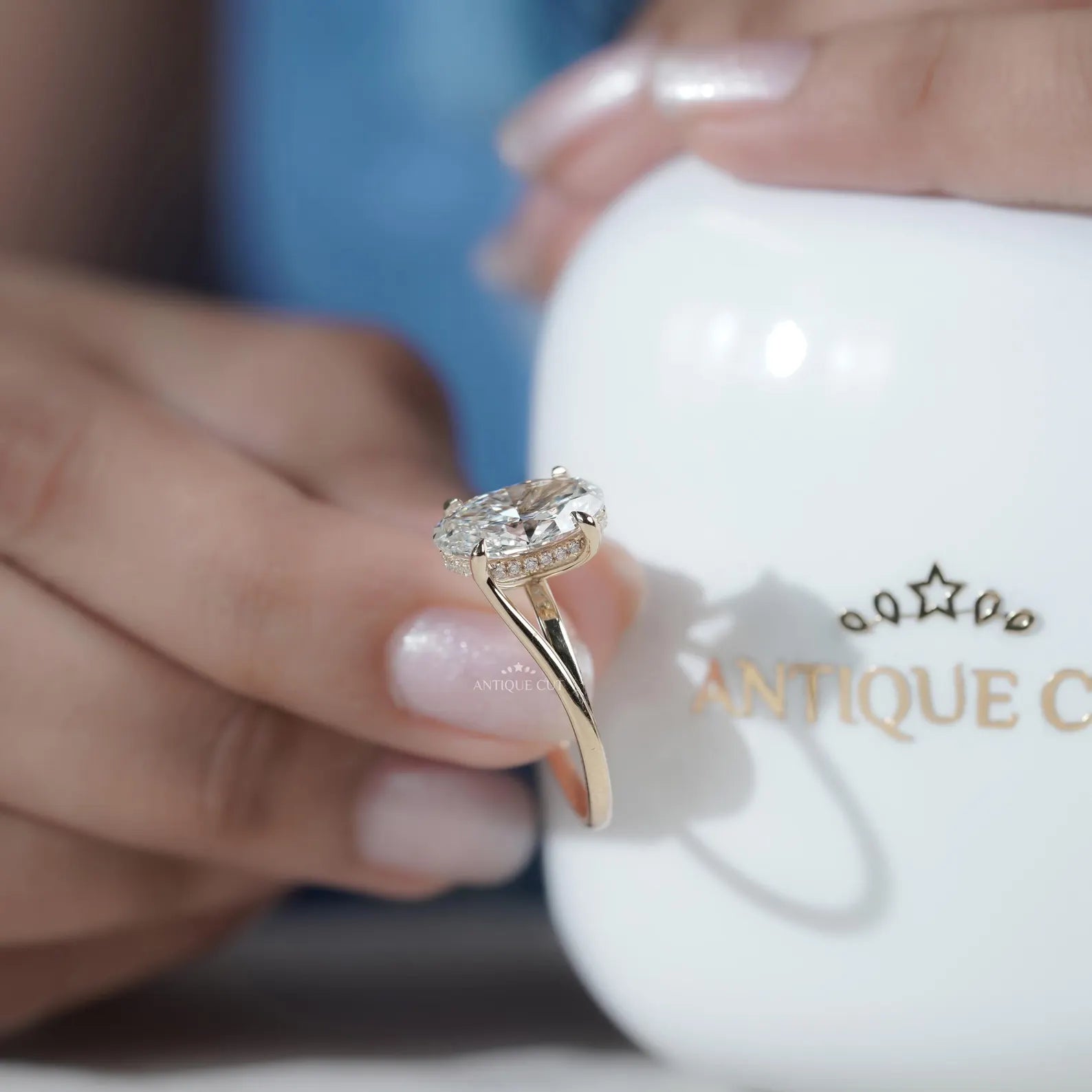 Hidden Halo Oval Cut Engagement Ring with Split Shank Style