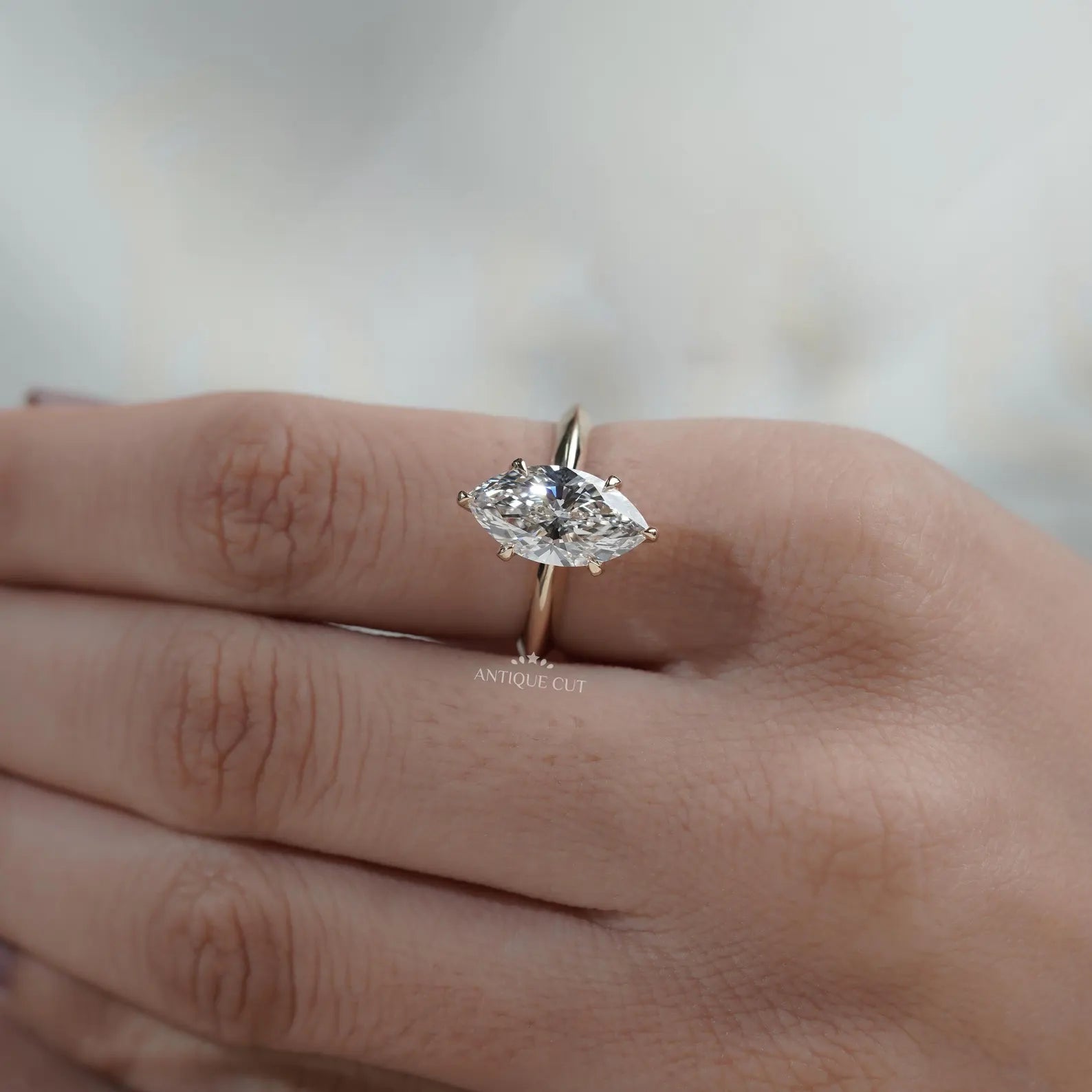 Marquise Cut Diamond Ring | Solitaire Engagement Ring 6 Prong in Yellow Gold | IGI Certified