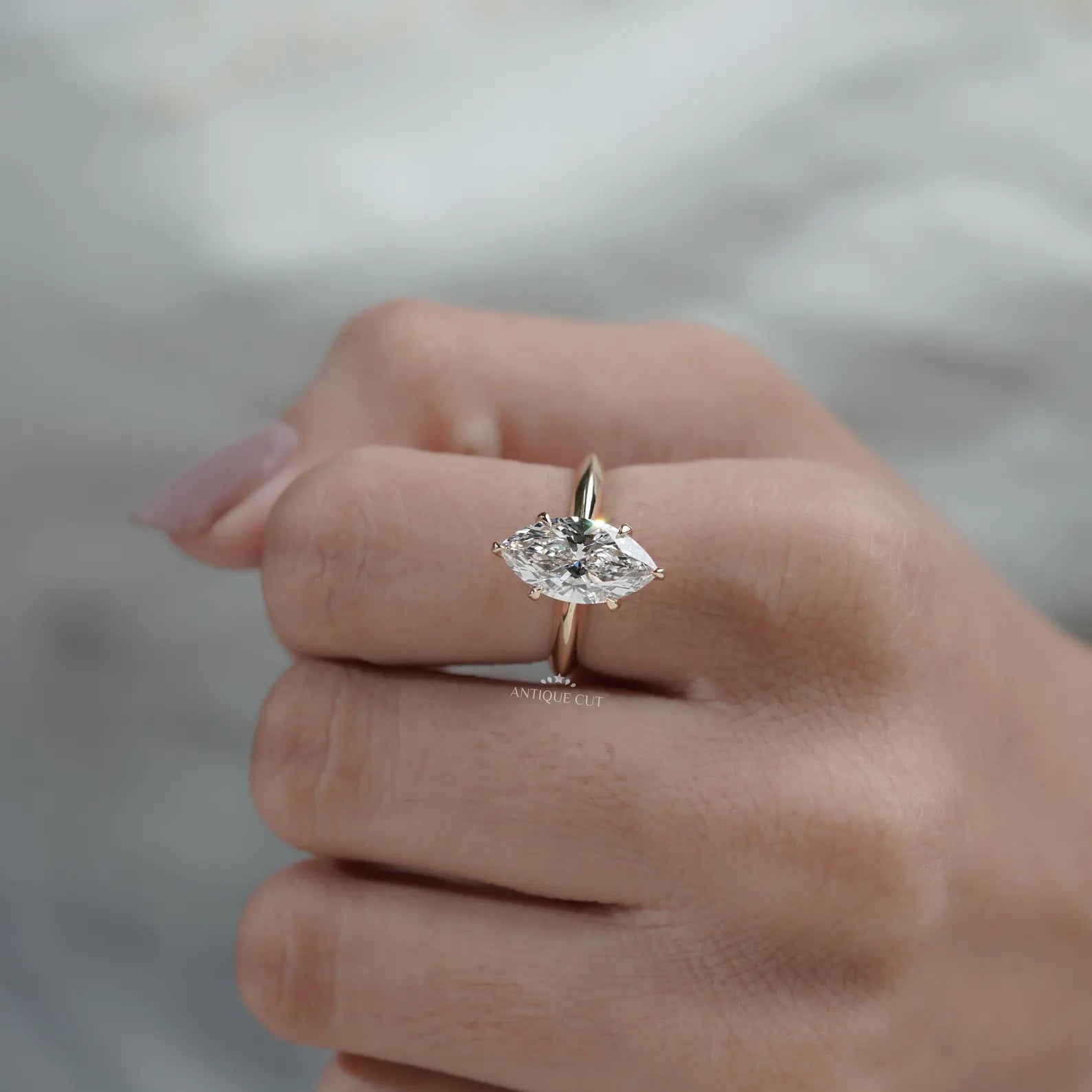 Marquise Cut Diamond Ring | Solitaire Engagement Ring 6 Prong in Yellow Gold | IGI Certified