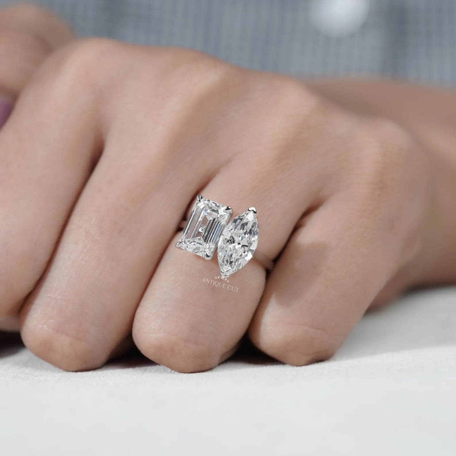 Emerald and Marquise Two stone Engagement Ring