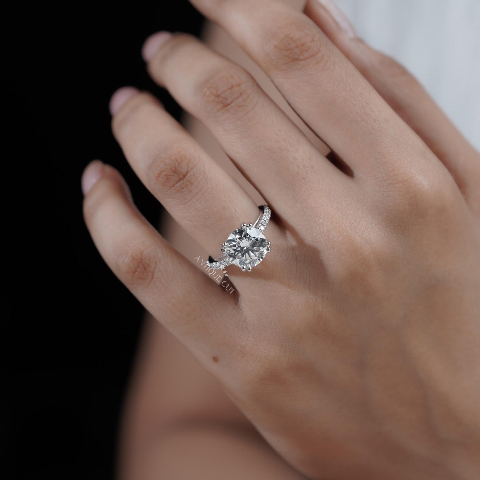 Round Cut Engagement Ring | Pave Diamond Band Double Claw Prong in White Gold
