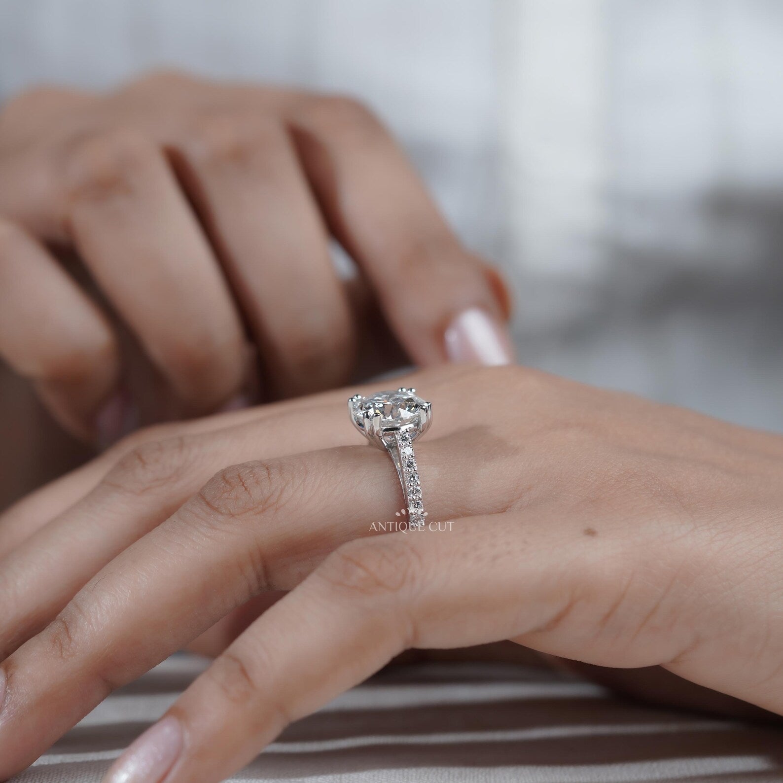 Round Cut Engagement Ring | Pave Diamond Band Double Claw Prong in White Gold