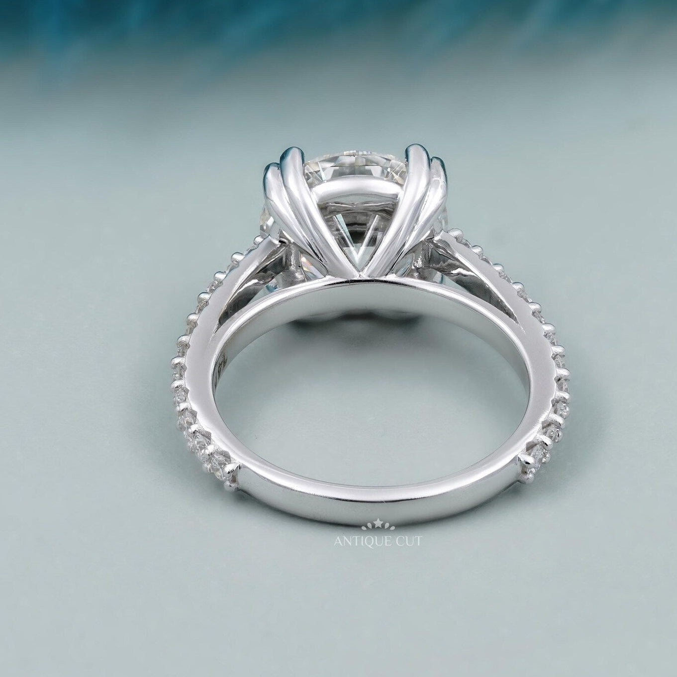 Round Cut Engagement Ring | Pave Diamond Band Double Claw Prong in White Gold