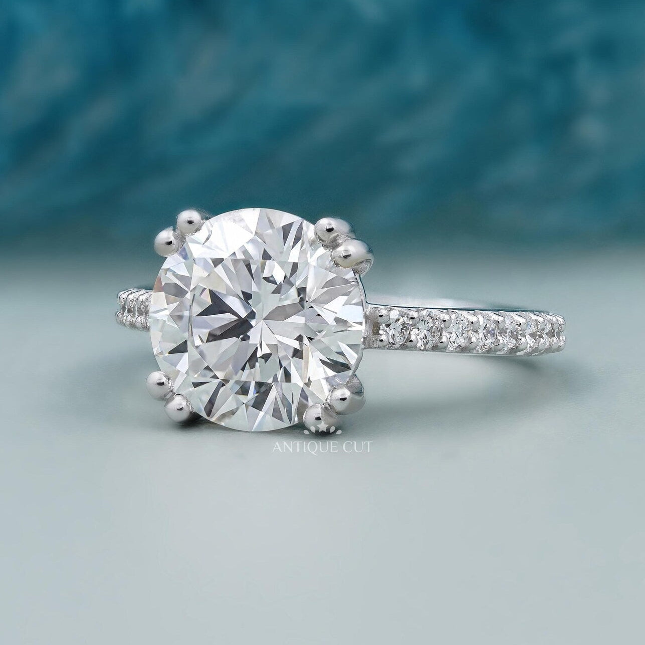Round Cut Engagement Ring | Pave Diamond Band Double Claw Prong in White Gold