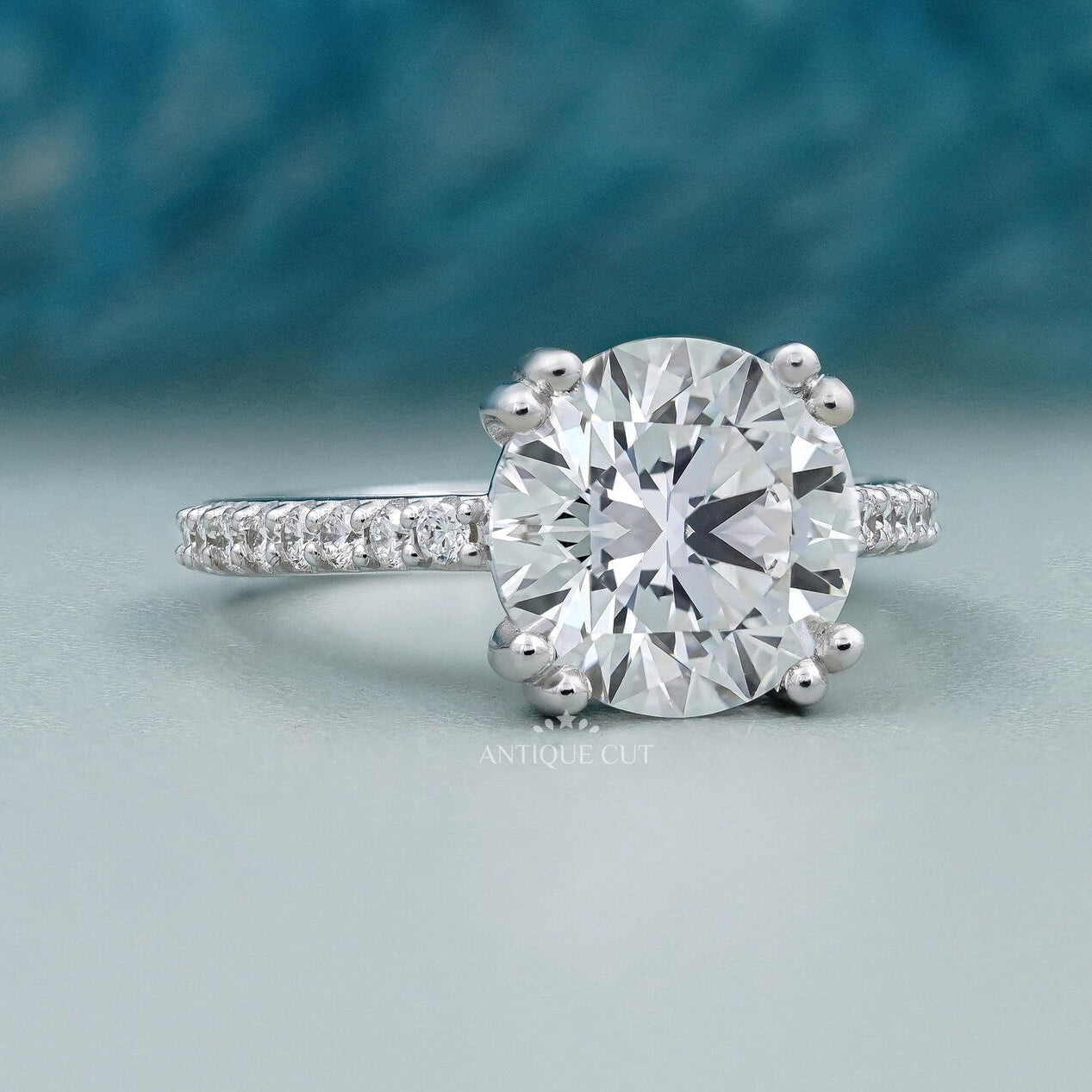 Round Cut Engagement Ring | Pave Diamond Band Double Claw Prong in White Gold