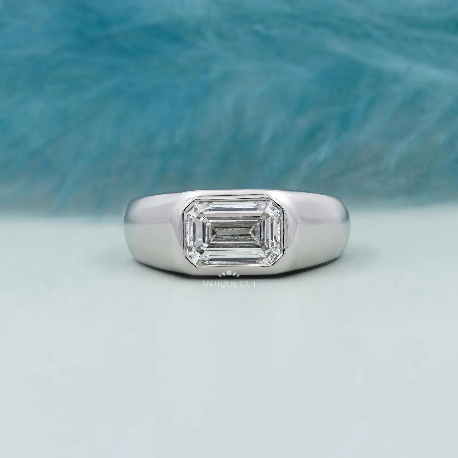 East West Engagement Ring | Lab Grown Emerald Bezel Set Diamond in White Gold