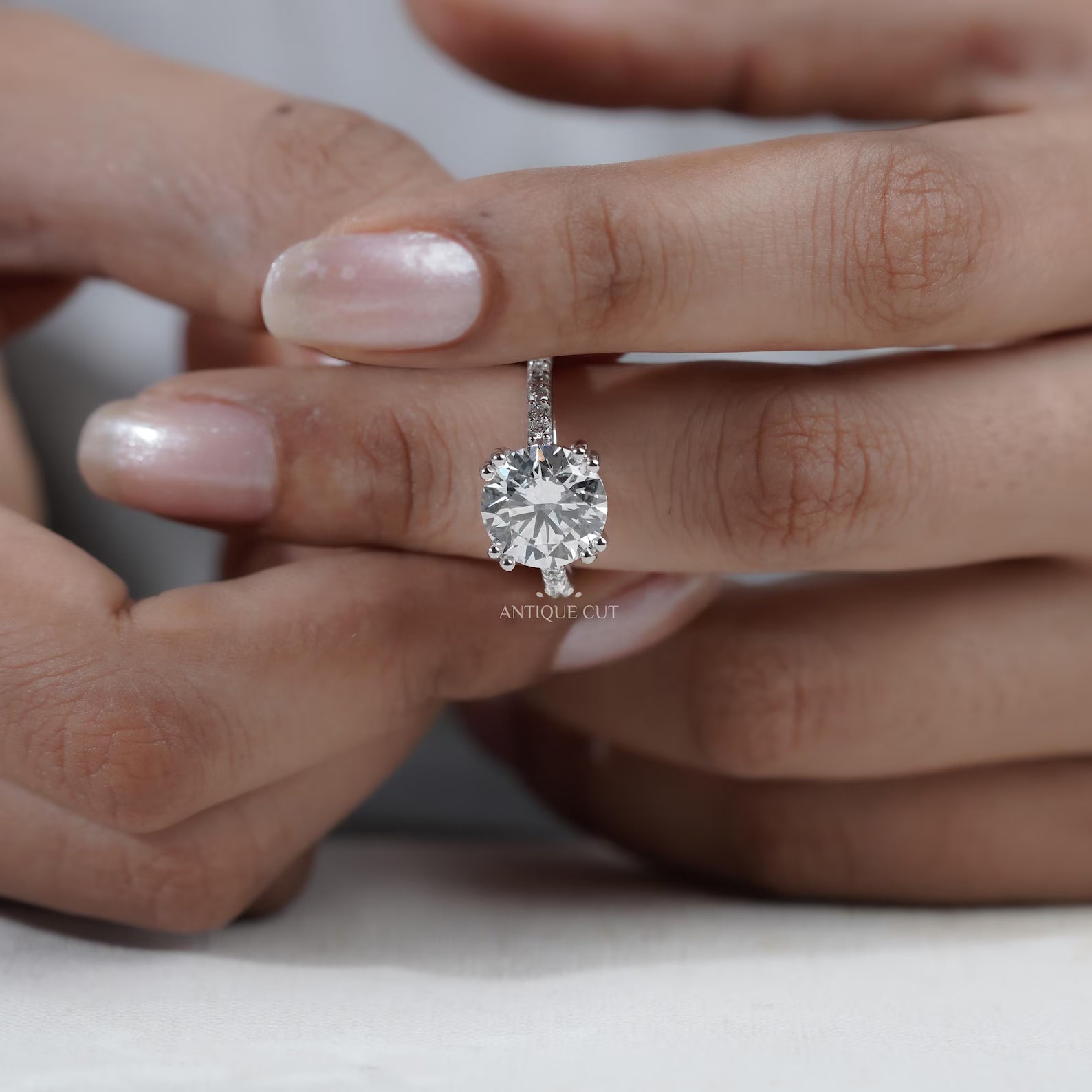 Round Cut Engagement Ring | Pave Diamond Band Double Claw Prong in White Gold