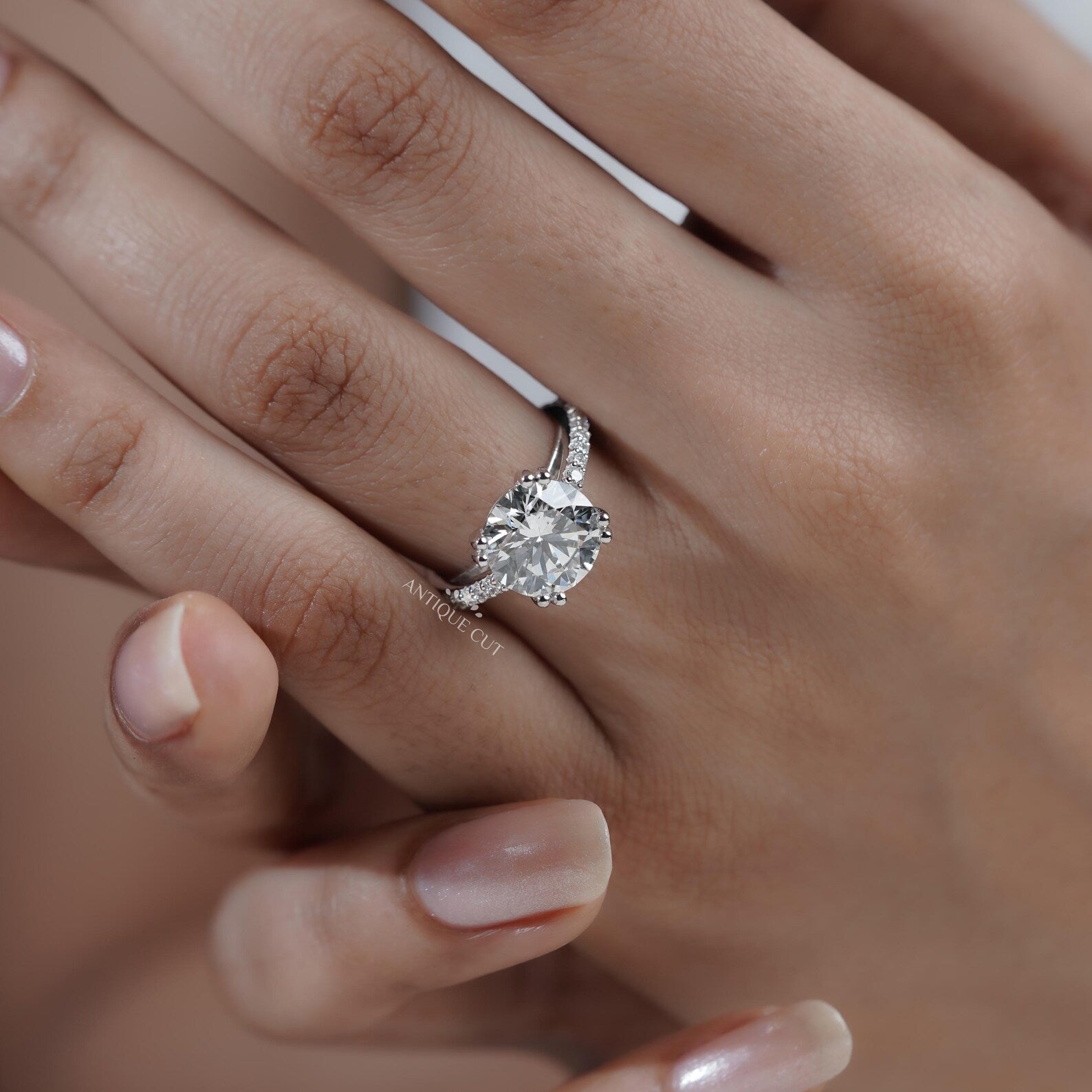 Round Cut Engagement Ring | Pave Diamond Band Double Claw Prong in White Gold