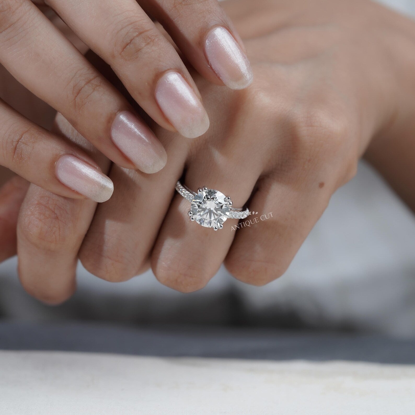 Round Cut Engagement Ring | Pave Diamond Band Double Claw Prong in White Gold