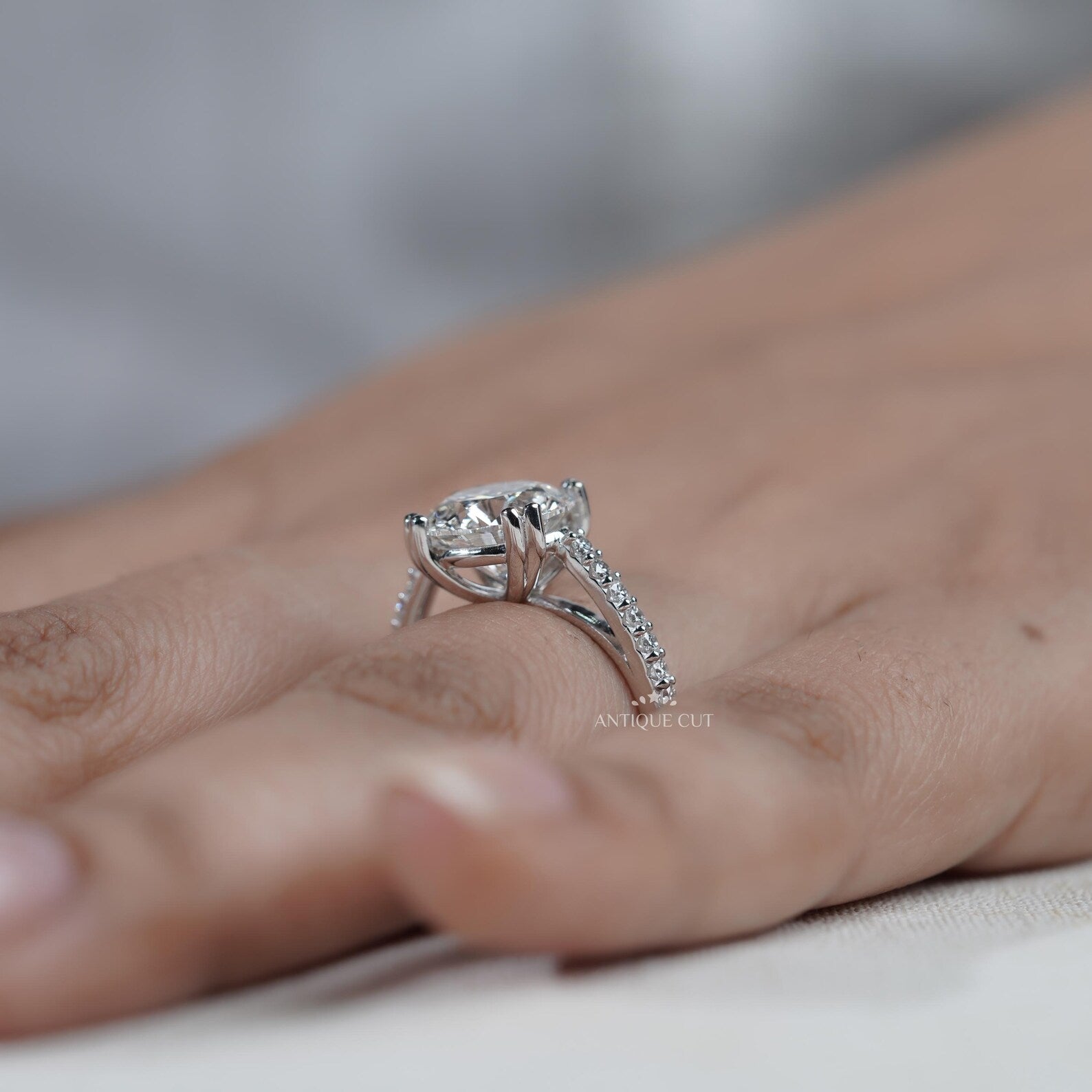 Round Cut Engagement Ring | Pave Diamond Band Double Claw Prong in White Gold