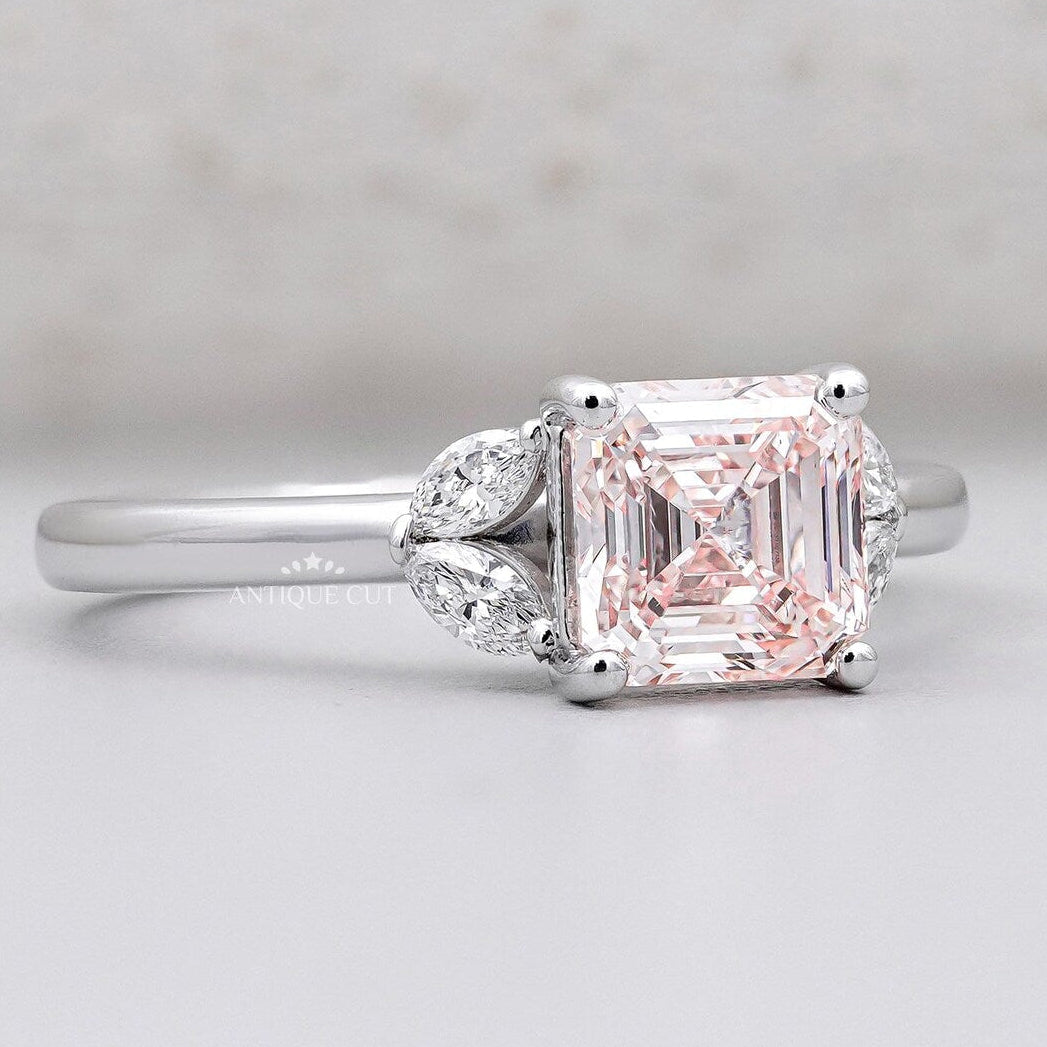 Blush Pink Asscher Cut Diamond Ring With Marquise Side Stones | IGI Certified