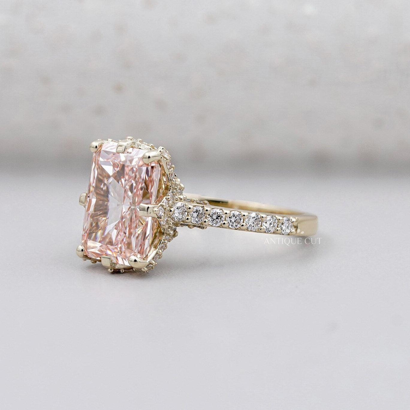 Lab grown radiant pink diamond hidden halo ring