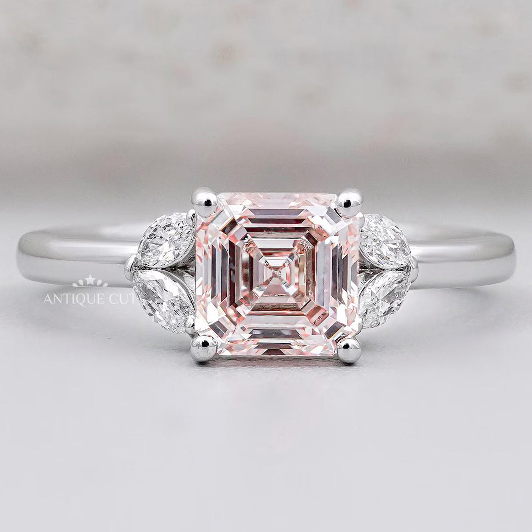 Blush Pink Asscher Cut Diamond Ring With Marquise Side Stones | IGI Certified