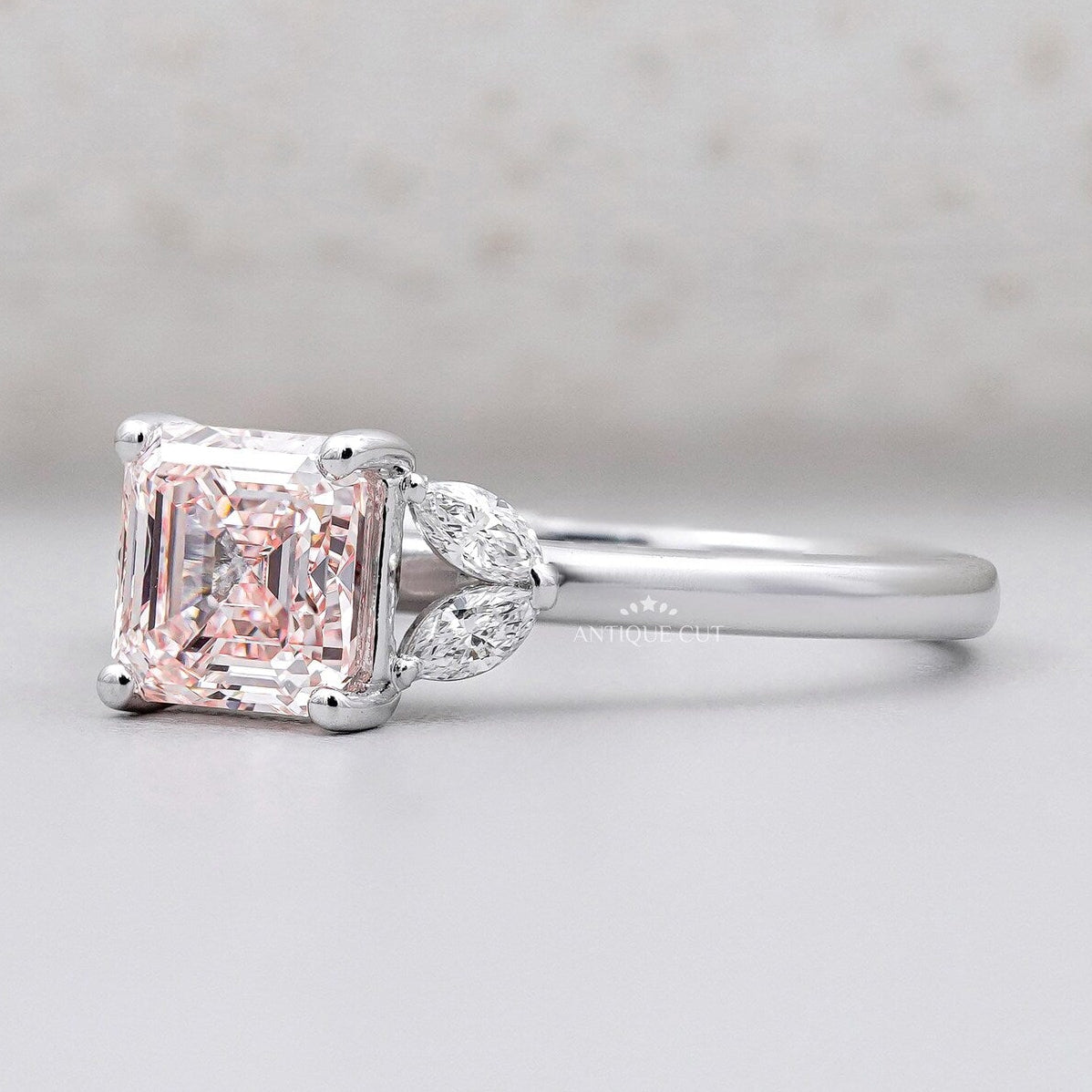 Blush Pink Asscher Cut Diamond Ring With Marquise Side Stones | IGI Certified