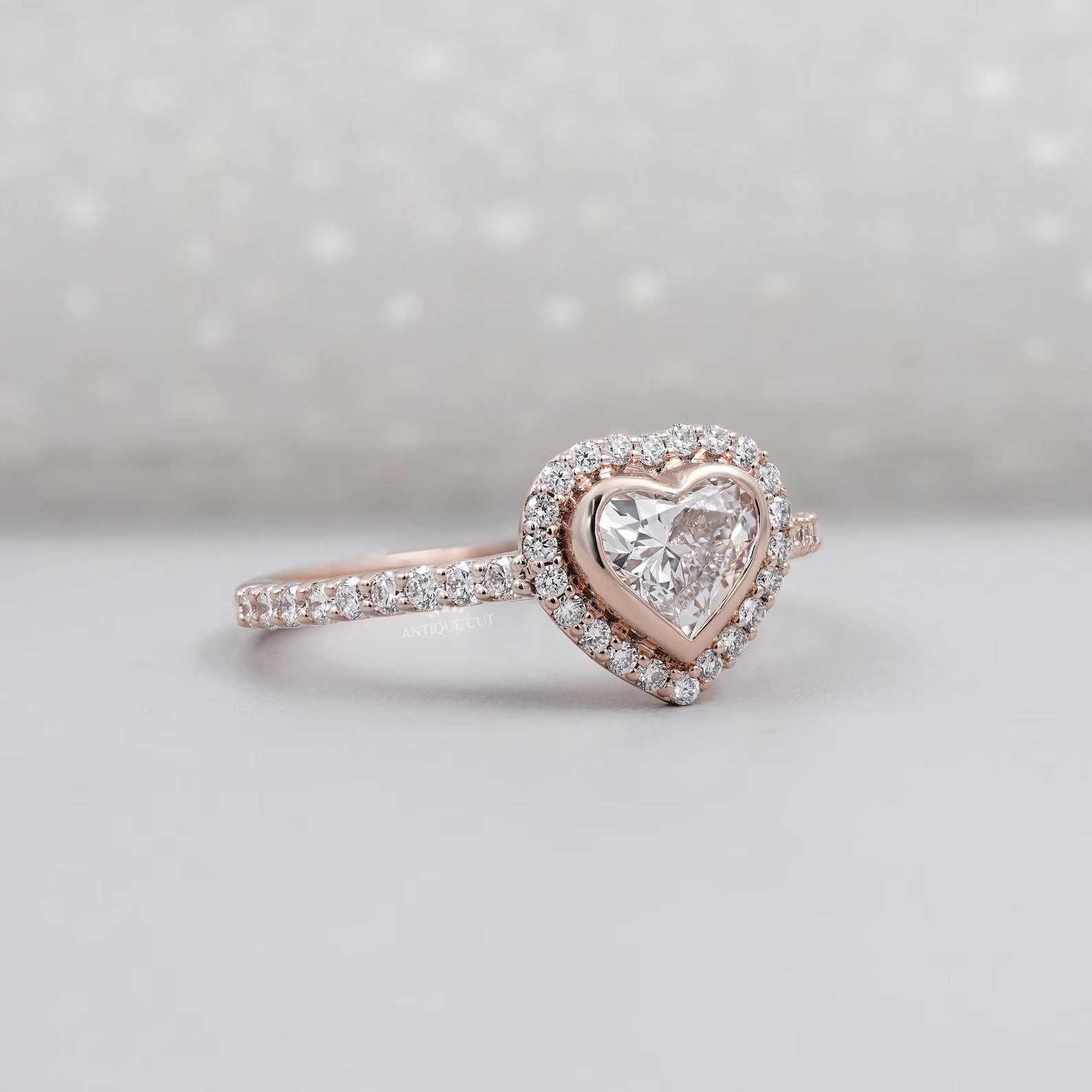 Heart Cut Lab Grown Diamond Engagement Ring With Bezel Halo Pave Band, Gift for Her