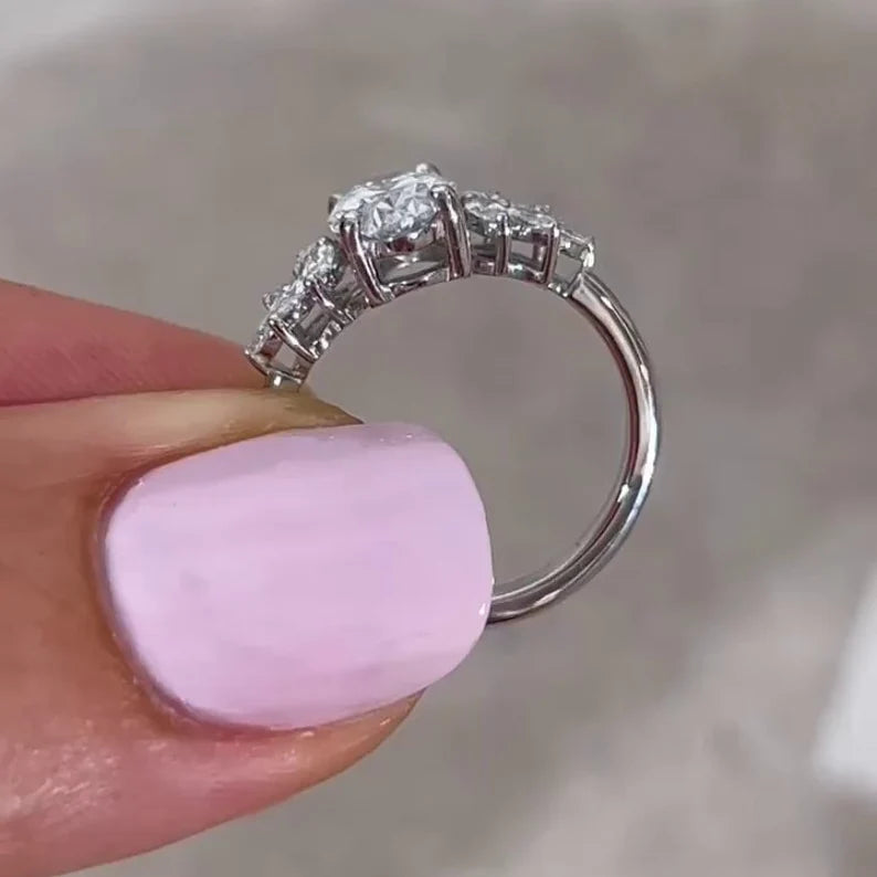 Oval 2.00tcw Lab Grown Diamond, Marquise Side Stone Engagement Ring, D-E-F Color, VVS-VS Clarity, IGI Certified