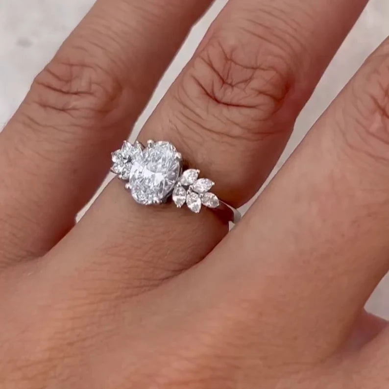 Oval 2.00tcw Lab Grown Diamond, Marquise Side Stone Engagement Ring, D-E-F Color, VVS-VS Clarity, IGI Certified