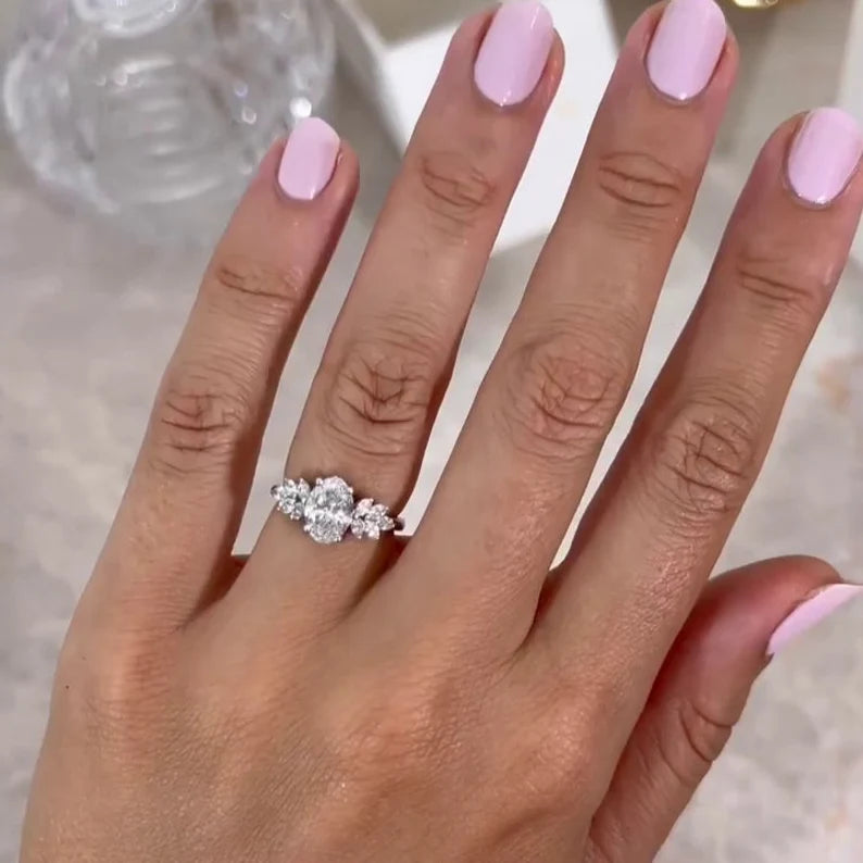 Oval 2.00tcw Lab Grown Diamond, Marquise Side Stone Engagement Ring, D-E-F Color, VVS-VS Clarity, IGI Certified