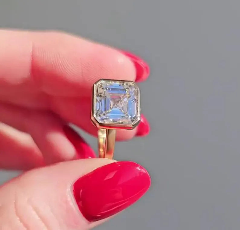 Asscher 4.00ct Lab Grown Diamond Bezel Engagement Ring, D-E-F Color, VVS-VS Clarity, IGI Certificate