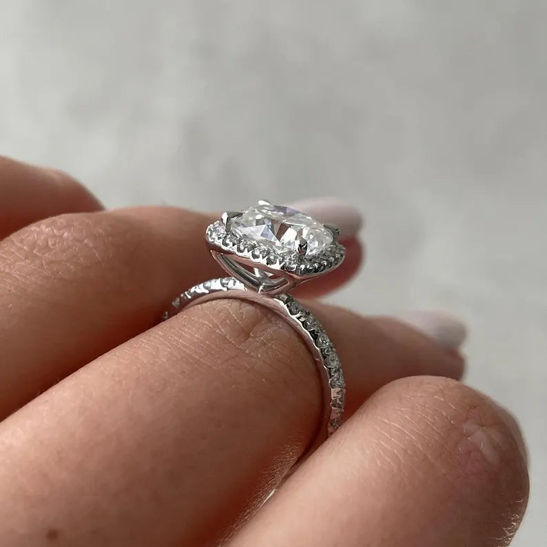 Cushion 4.00tcw Lab Grown Diamond Halo-set Diamond Engagement Ring, D-E-F Color, VVS-VS Clarity
