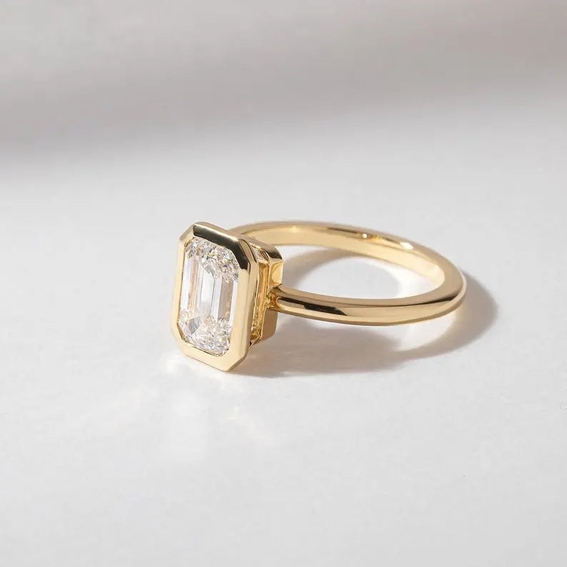 2.00ct Emerald Lab Grown Diamond Bezel Set Engagement Ring | Basket Style | IGI Certified | Yellow Gold