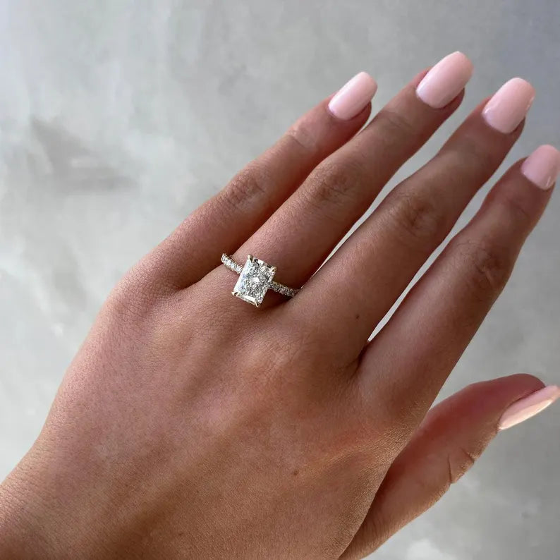 Radiant Cut 3.30tcw Lab Diamond Ring | IGI Certified | Hidden Halo & Yellow Gold Pave Band