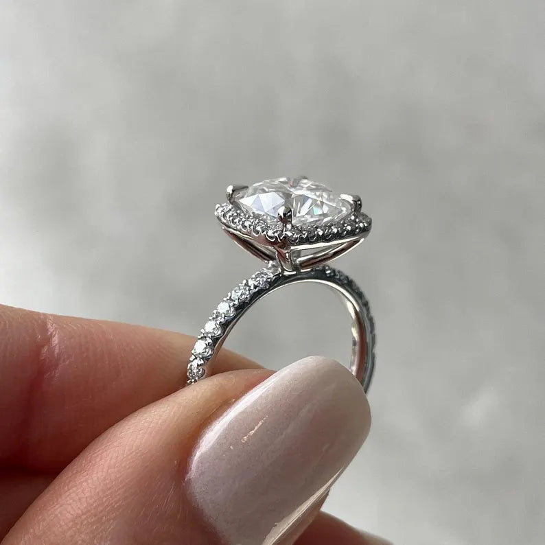 Cushion 4.00tcw Lab Grown Diamond Halo-set Diamond Engagement Ring, D-E-F Color, VVS-VS Clarity