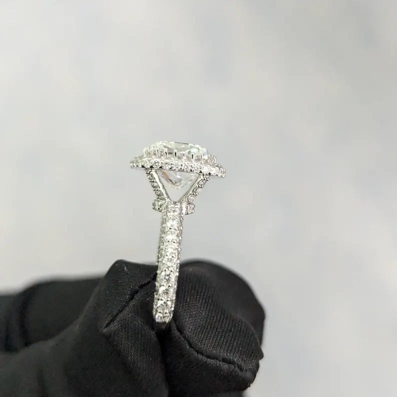 SQ Cushion 5.60tcw Lab Grown Diamond Halo Pave Set Engagement Ring, D-E-F Color, VVS-VS Clarity